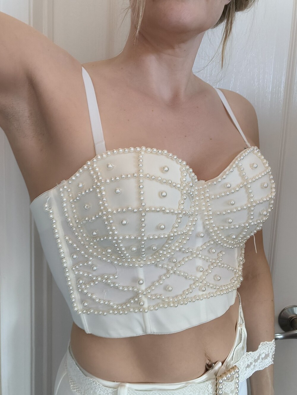 Pearl-Embellished White Bustier Top Size L